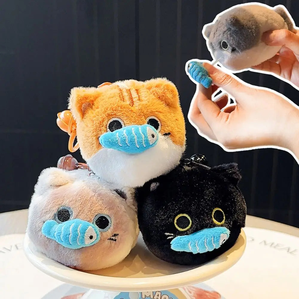 Stuffed Eat Fish‘s Cat Pull-out Toys Trinket Soft Cat Pull-out Toy Keychain Creative Funny Plush Eat Fish‘s Cat Keychain Handbag