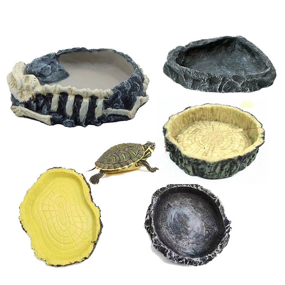 Reptile Food Water Bowl Resin Rock Reptile Feeding Dish Habitat Decor Accessories, Amphibian Feeder Bowl For Lizard Turtle Frog