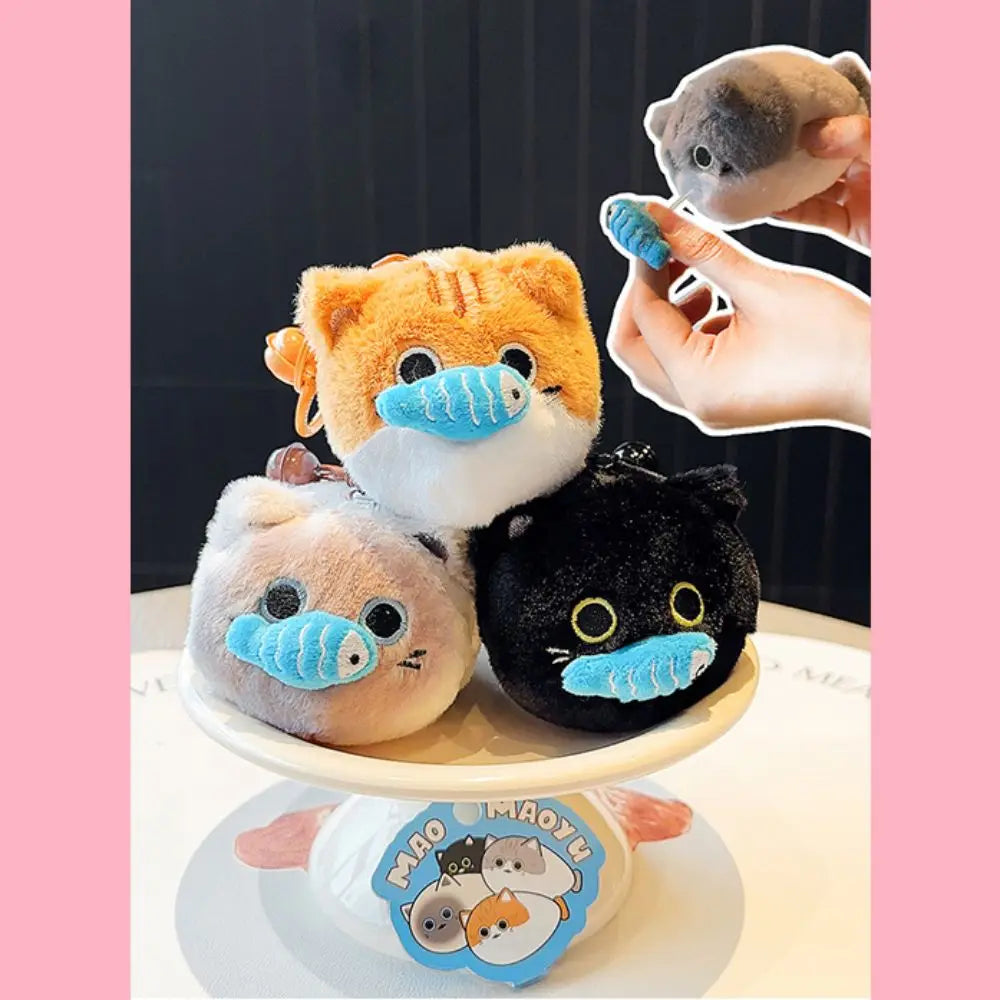 Stuffed Eat Fish‘s Cat Pull-out Toys Trinket Soft Cat Pull-out Toy Keychain Creative Funny Plush Eat Fish‘s Cat Keychain Handbag