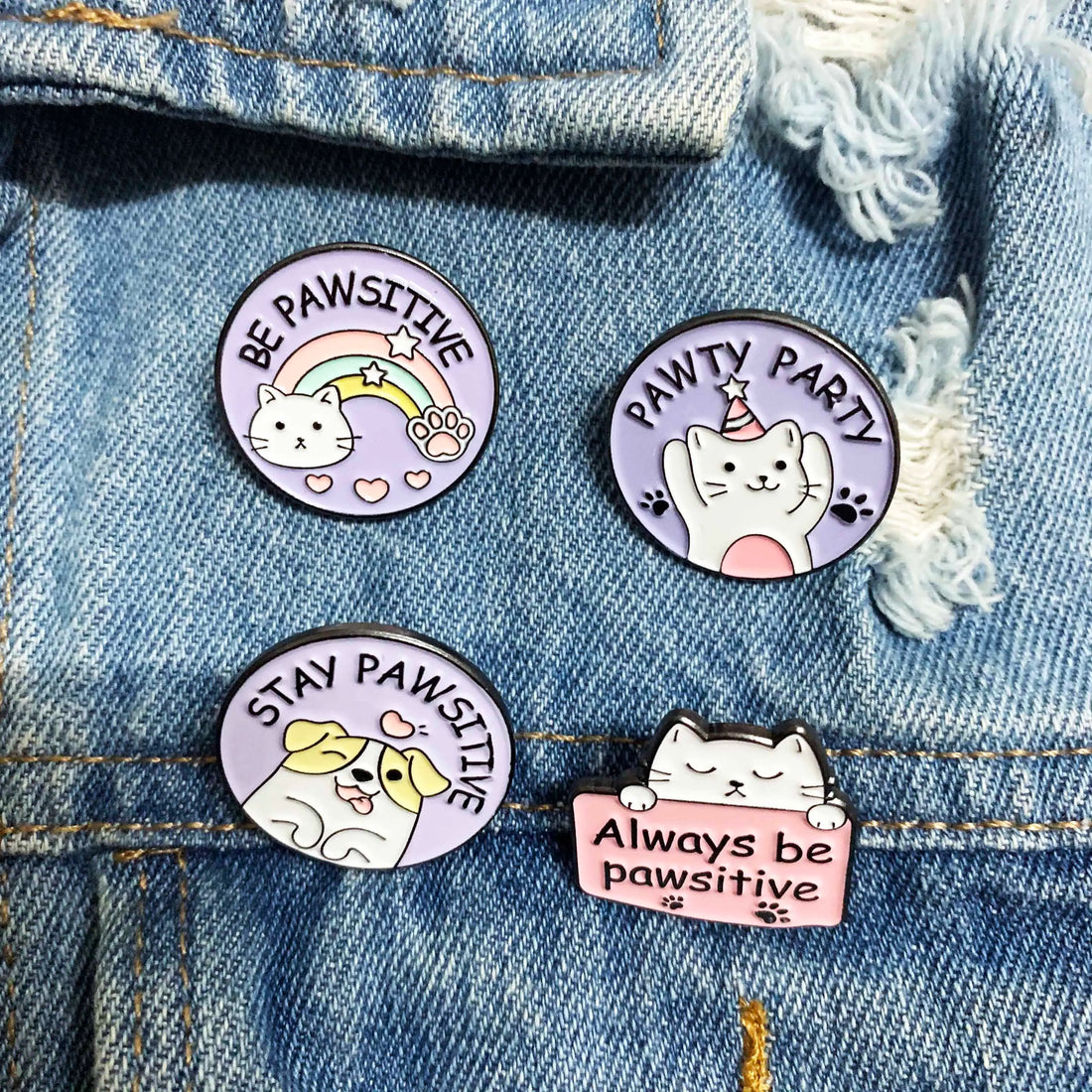 Always Be Positive Round Enamel Pin Bag Cartoon Aniaml Dog and Cat Metal Pins For Backpack Cool Stuff