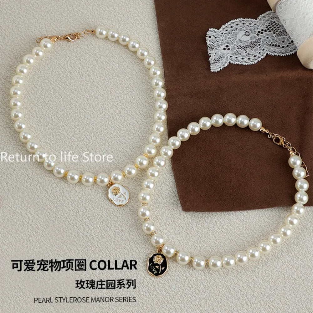 Pet Pearl Collar Dog Princess Rose Necklace Cat Jewelry Cute Collar Puppy Accessories Dog Chain Chihuahua Wedding Jewelry Stuff