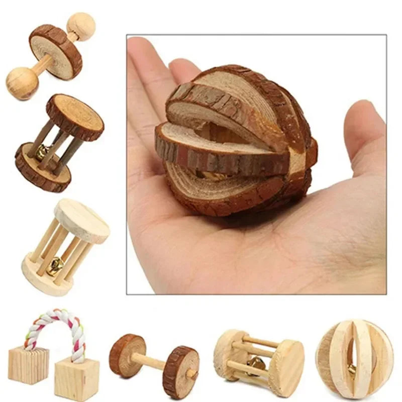 Cute Rabbit Roller Toys Natural Wooden Pine Dumbells Unicycle Bell Chew Toys for Guinea Pigs Rat Small Pet Molars Supplies